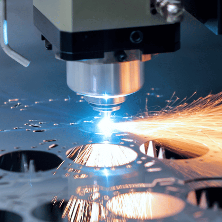 Laser cutting machine in action, generating intense sparks while cutting metal sheets with precision. The high-powered beam ensures accurate and efficient metal fabrication. 