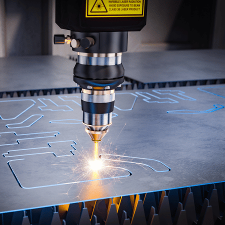 Close-up of a high-precision laser cutting machine processing stainless steel, emitting bright sparks as it cuts intricate patterns. The process ensures clean, precise edges for industrial and manufacturing applications. 